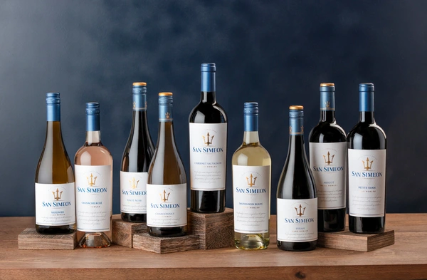 A variety of San Simeon wine bottles displayed on a wooden table against a blue background. Mobile